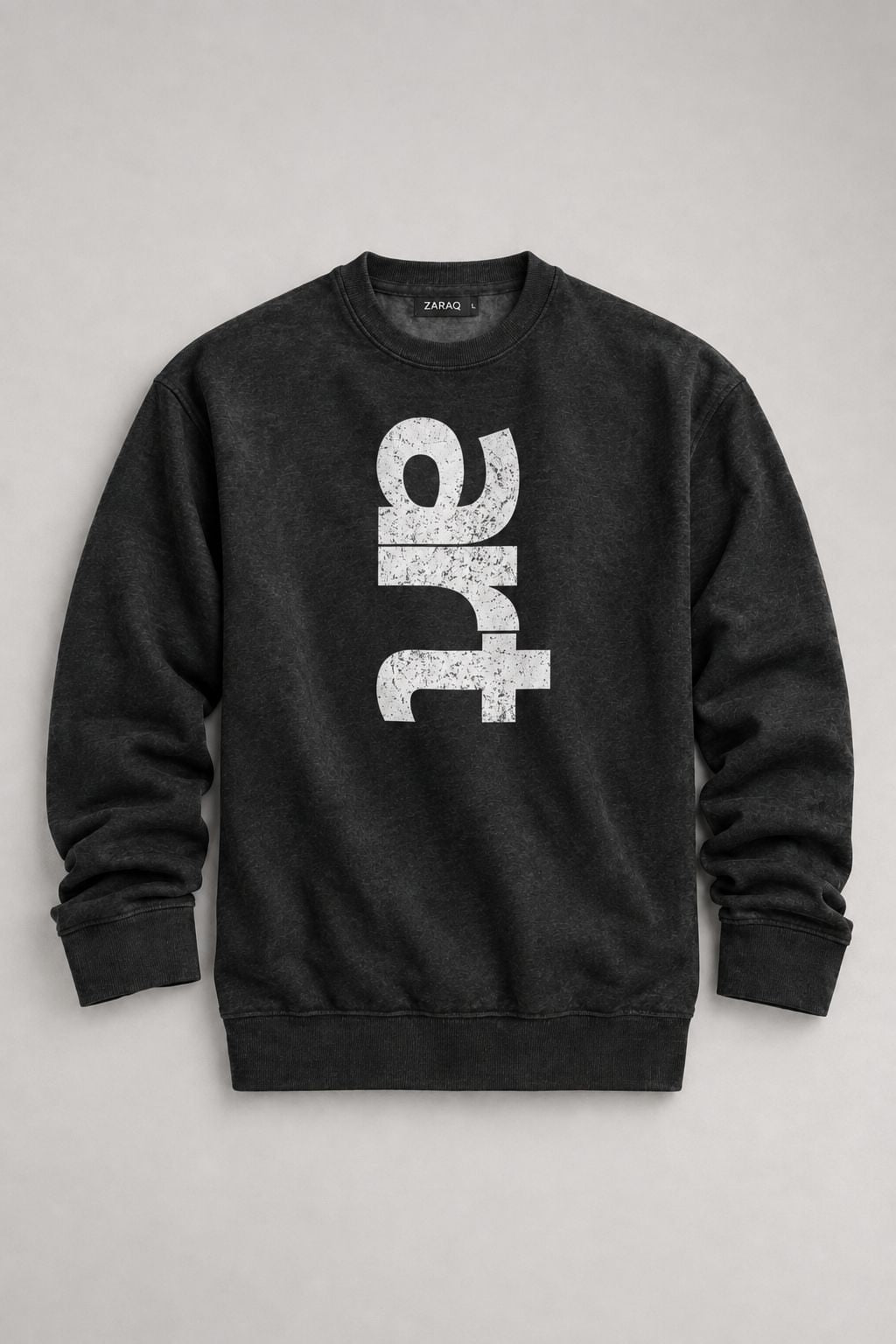 A dark gray crewneck sweatshirt with a large, vertically oriented white distressed graphic spelling 'art' on the front, displayed flat against a neutral gray background.