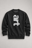 A dark gray crewneck sweatshirt with a large, vertically oriented white distressed graphic spelling 'art' on the front, displayed flat against a neutral gray background.
